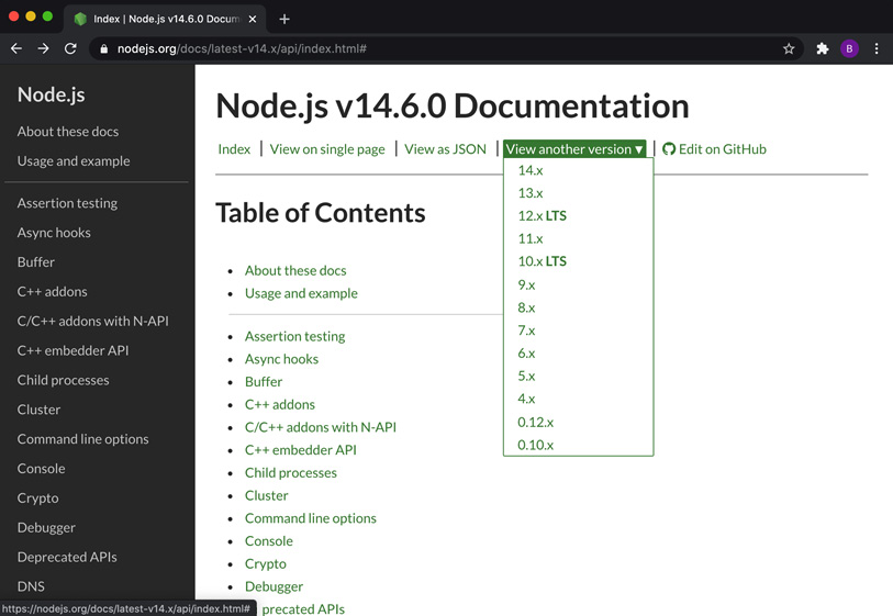 Figure 1.2 – Node.js API documentation showing the version dropdown  