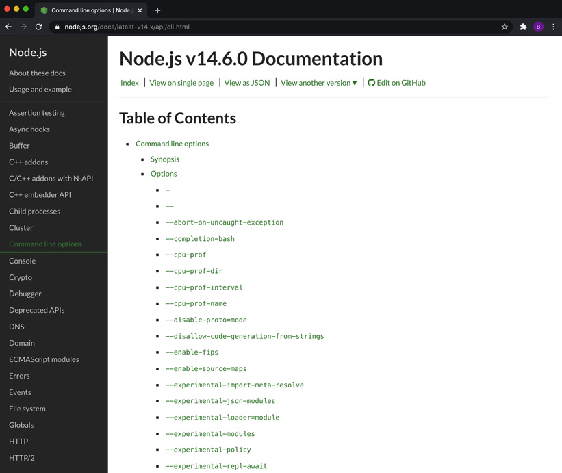 Figure 1.6 – Node.js API documentation showing the available command-line options 