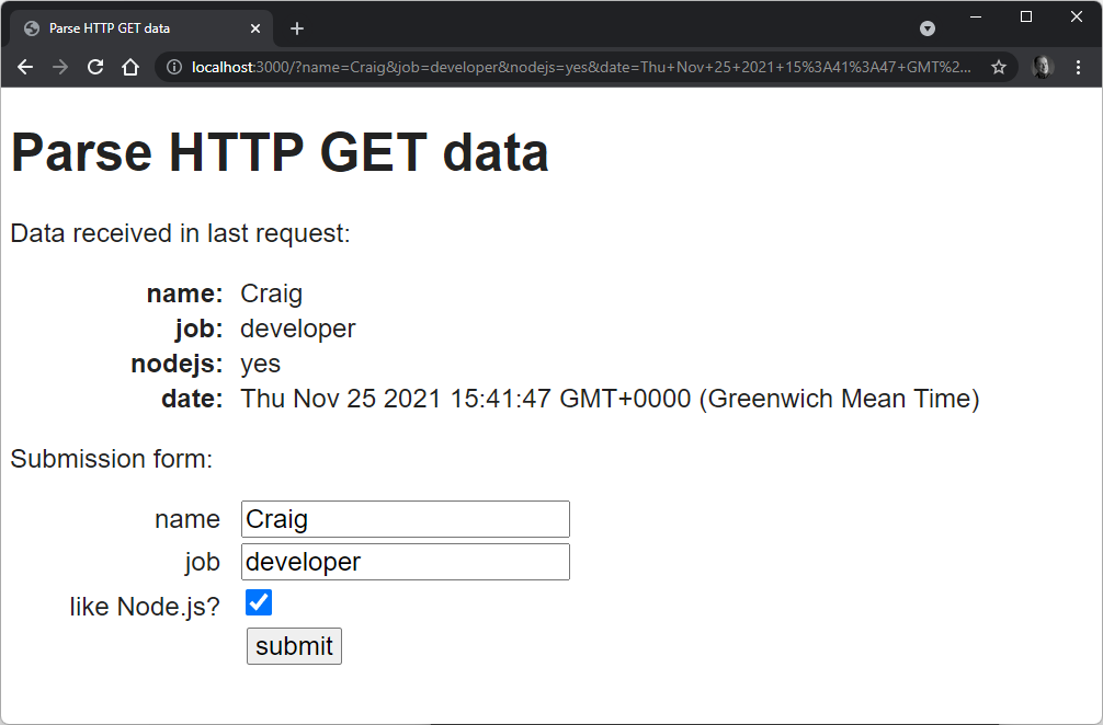 Received data displayed with the example form