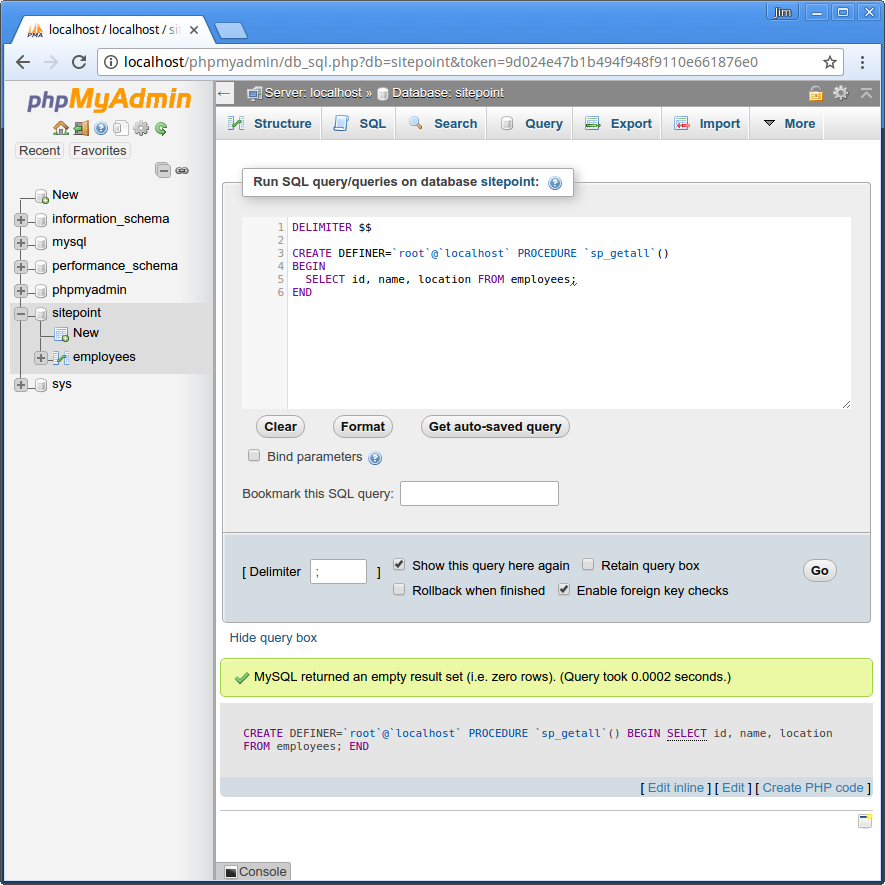 Stored procedure phpMyAdmin
