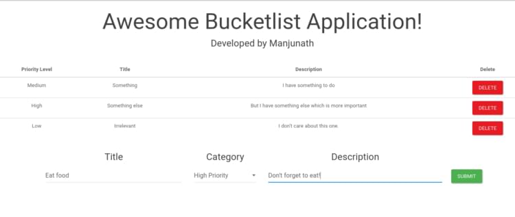 Screenshot of the bucket list application that we are going to build