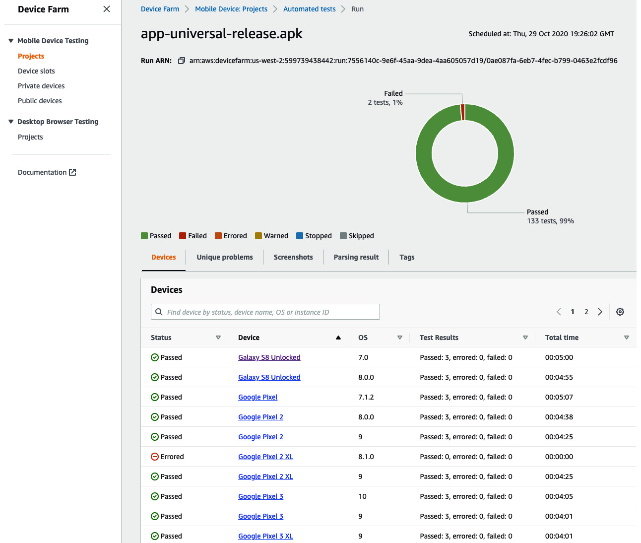 Figure 12.5 – AWS Device Farm result screen 