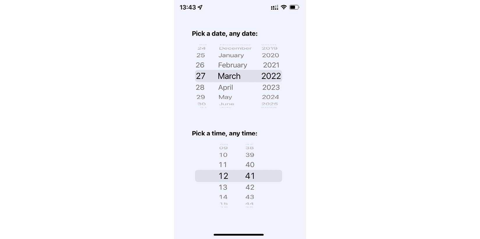 Figure 22.7 – iOS date and time pickers 