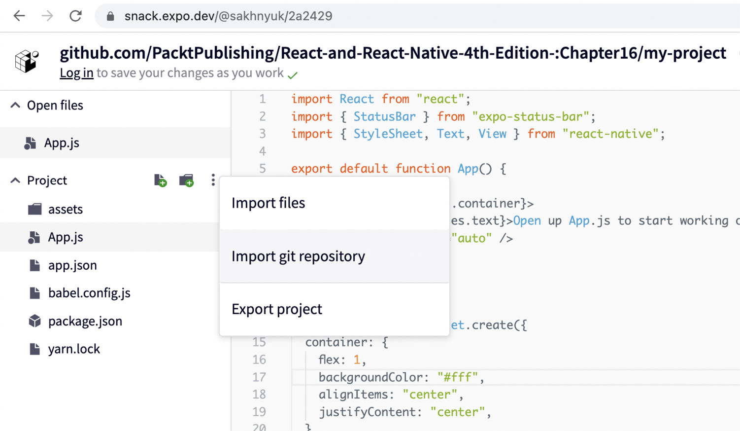 Figure 16.6 – Importing a Git repository to Expo Snack 