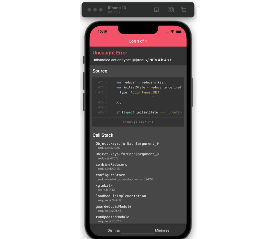 Figure 5.2 – iPhone simulator screenshot with a Redux error 