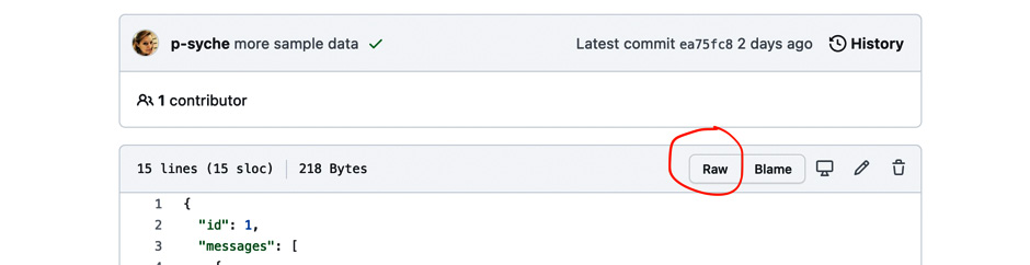 Figure 4.2 – GitHub UI with the Raw button circled in red 