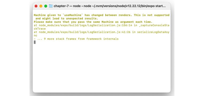 Figure 7.4 – XState errors in the console and phone simulator 