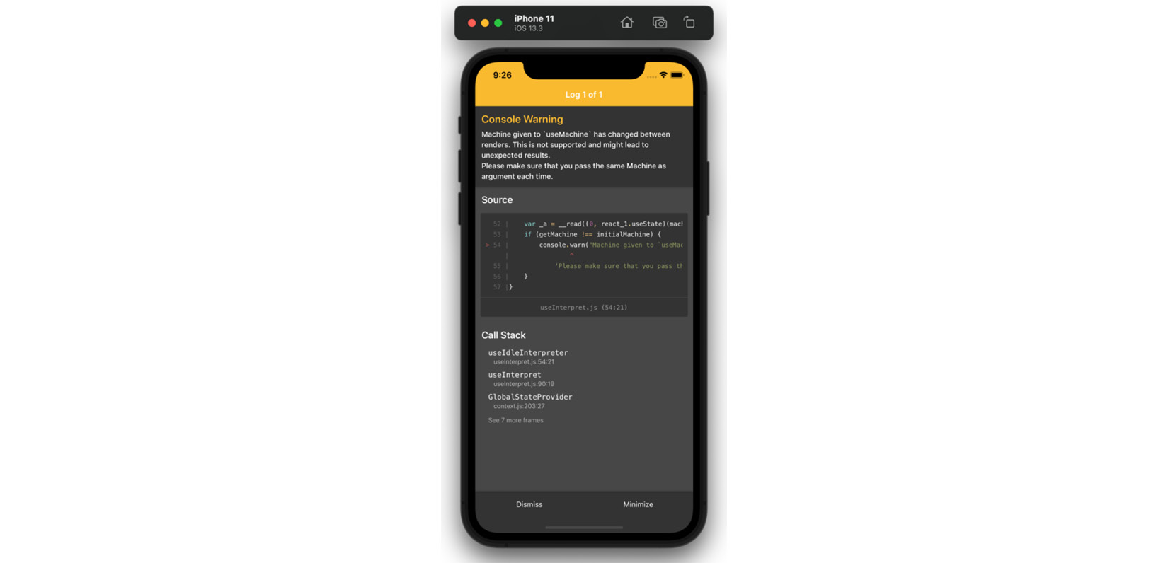 Figure 7.4 – XState errors in the console and phone simulator 