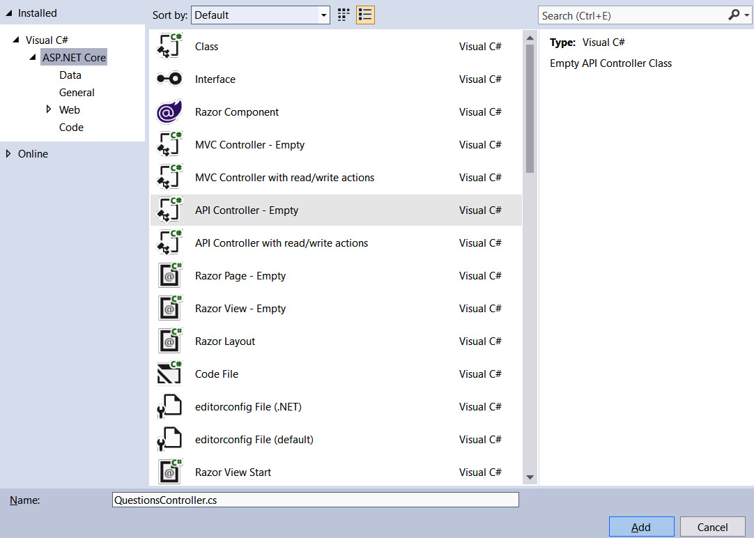 Figure 9.1 – Creating a new API controller 