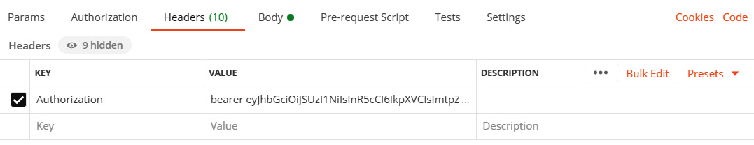 Figure 11.10 – Adding the Auth0 bearer token to an Authorization HTTP header in Postman 