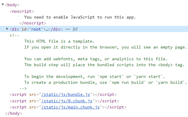 Figure 1.16 – Root div element and script elements 