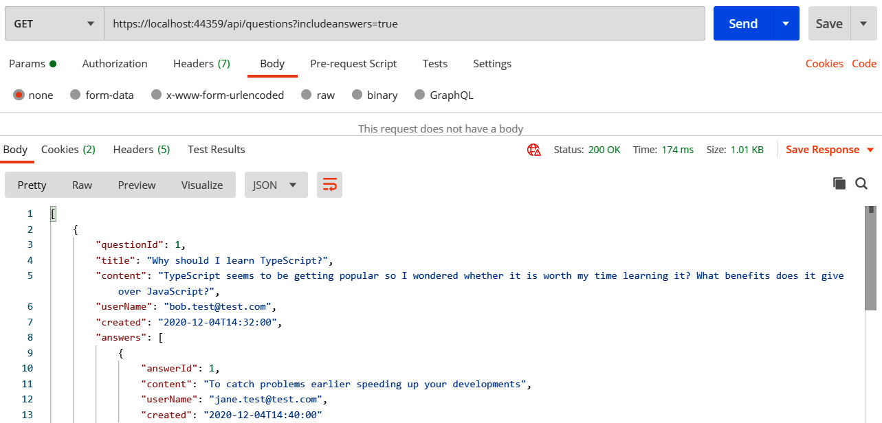 Figure 10.1 – Questions with answers in Postman 