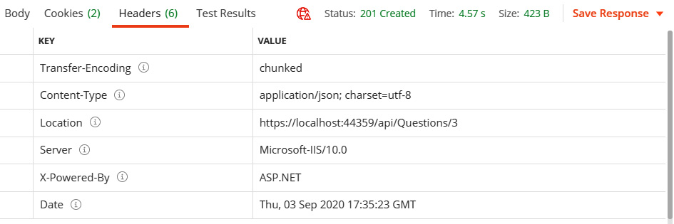 Figure 9.15 – Response headers from posting a question 
