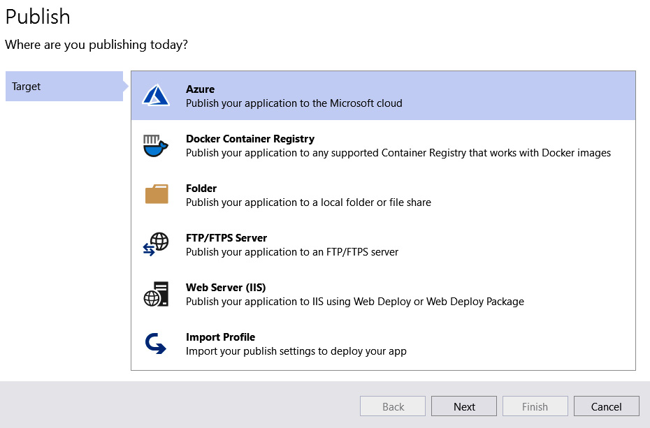 Figure 14.7 –  Selecting Azure as the publish target 