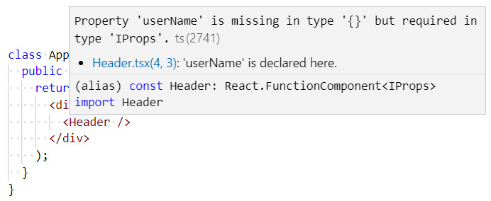 Figure 2.6 – TypeScript catching a missing React component property 