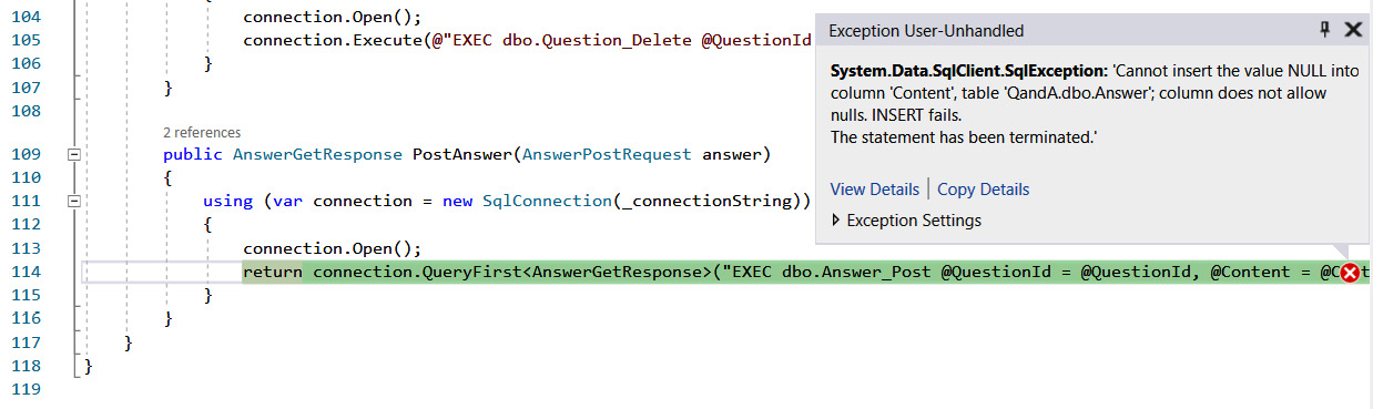 Figure 9.21 – SQL error when adding an answer with no content 