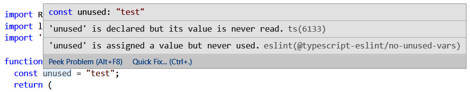 Figure 2.10 – ESLint catching an unused variable 