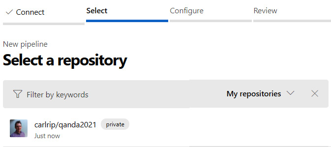 Figure 15.4 – Selecting code repository for the new build pipeline 