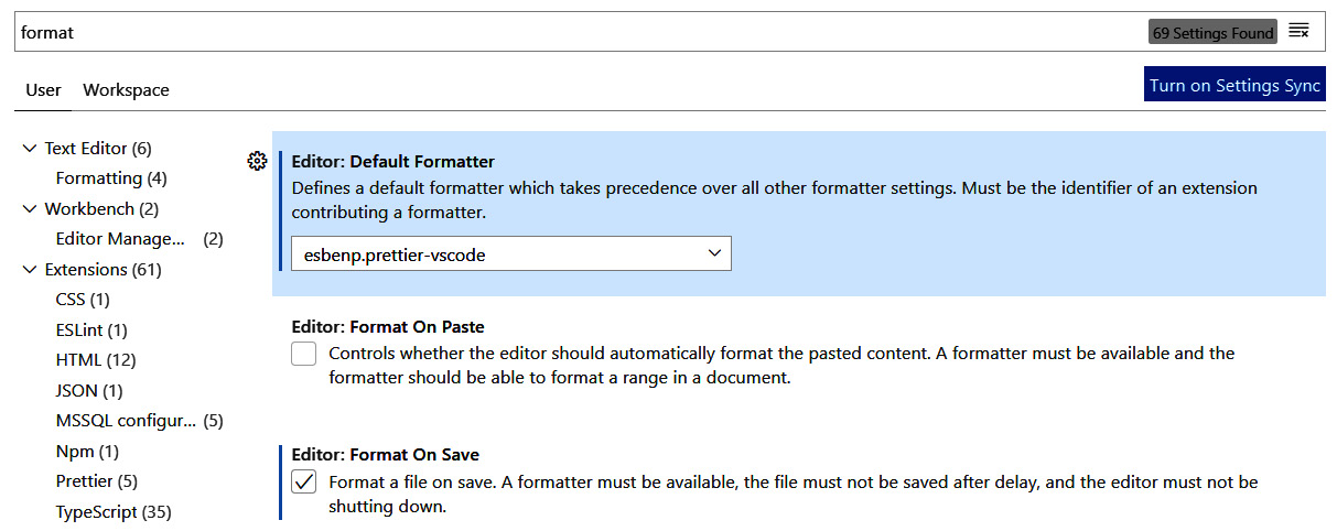 Figure 2.13 – Settings for Prettier to format on save 