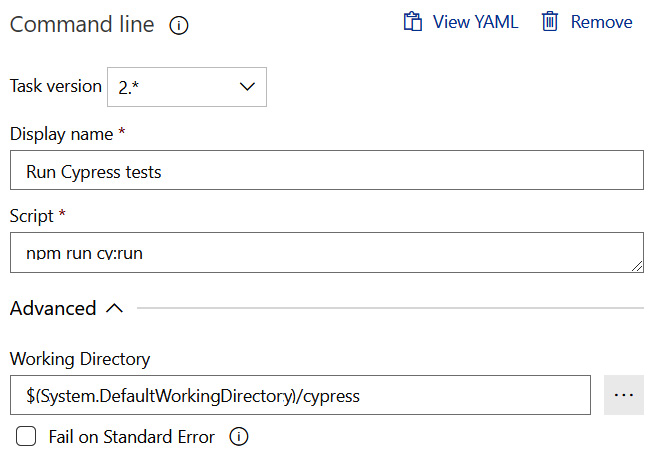 Figure 15.25 – Task for running the Cypress tests 