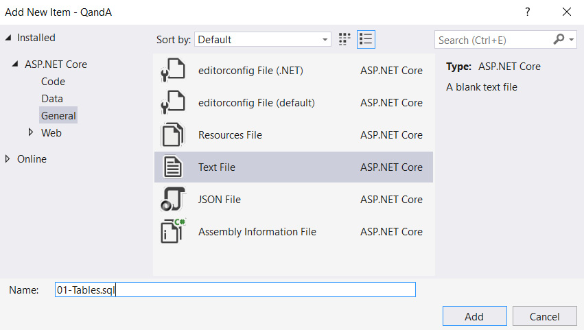 Figure 8.14 – Adding a SQL file to a Visual Studio project 