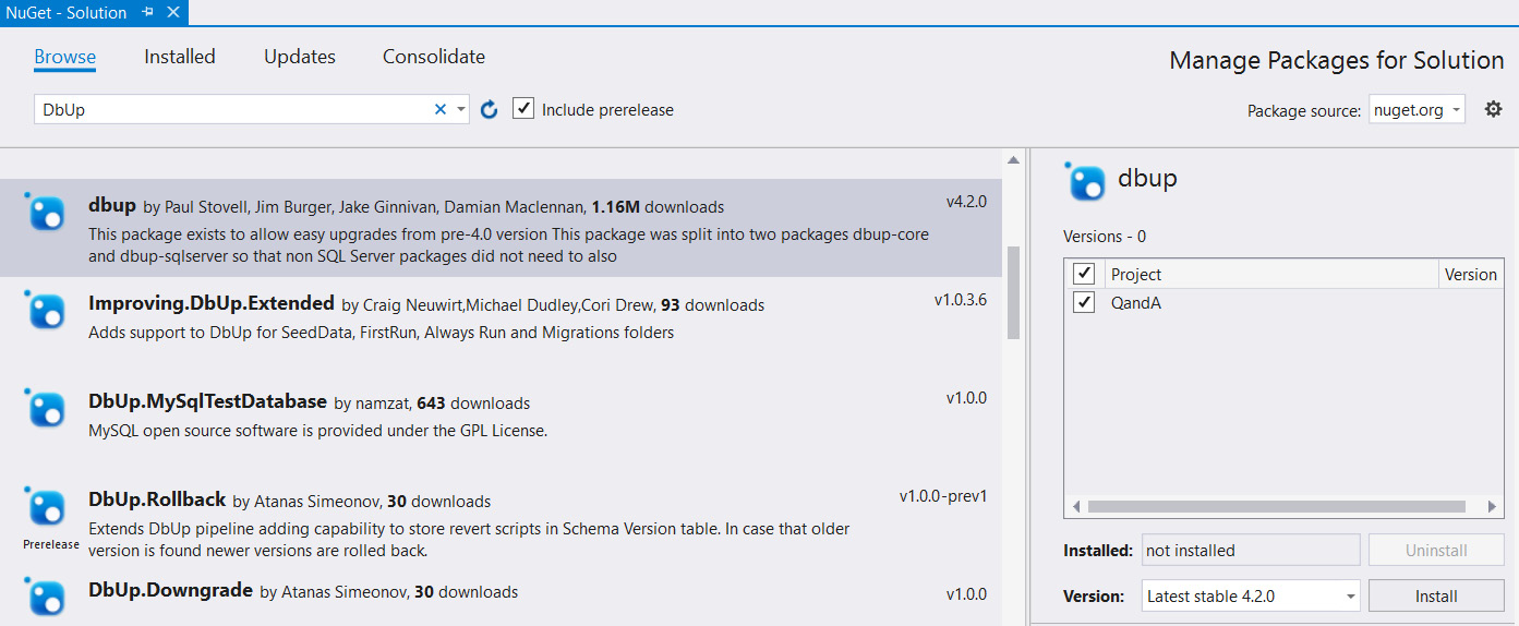 Figure 8.13 – Adding DbUp in NuGet Manager 