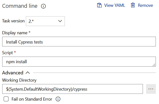 Figure 15.24 – Task for installing the Cypress tests 
