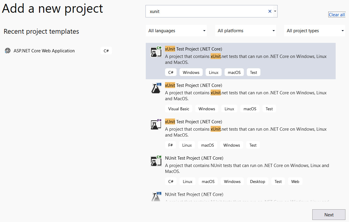 Figure 13.2 – Creating a new xUnit project 