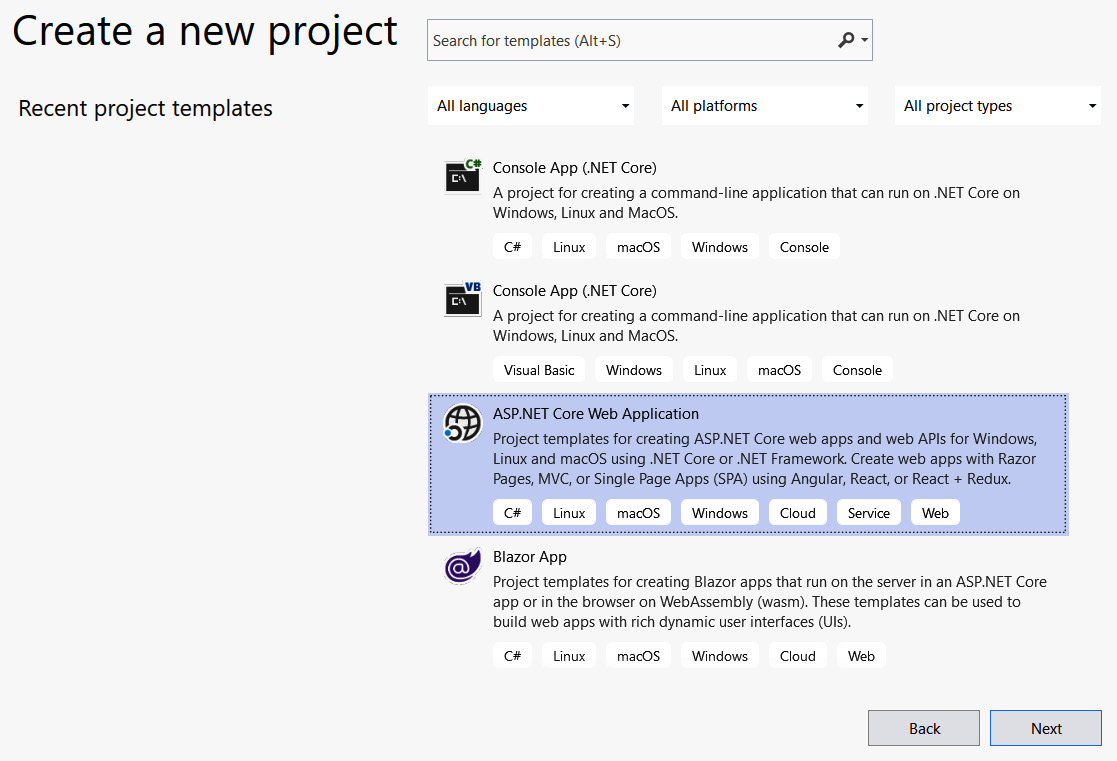 Figure 1.3 – Creating a new web app in Visual Studio 