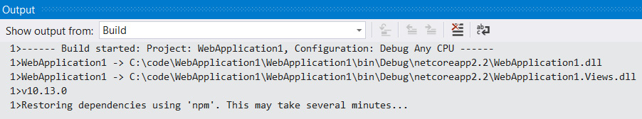 Figure 1.11 – Restoring npm dependencies message when running a project for the first time 