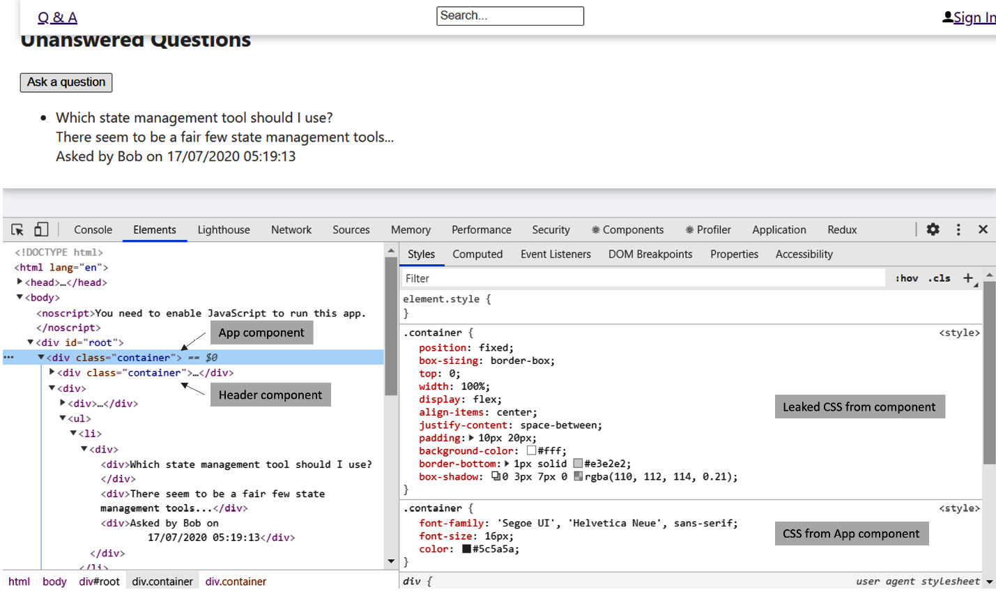 Figure 4.3 – Header component styled with CSS 