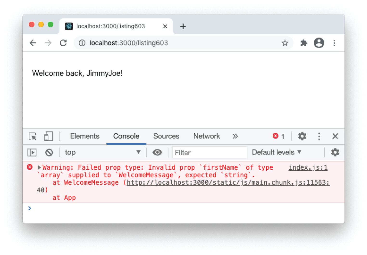 Snapshot shows PropsTypes displaying a warning