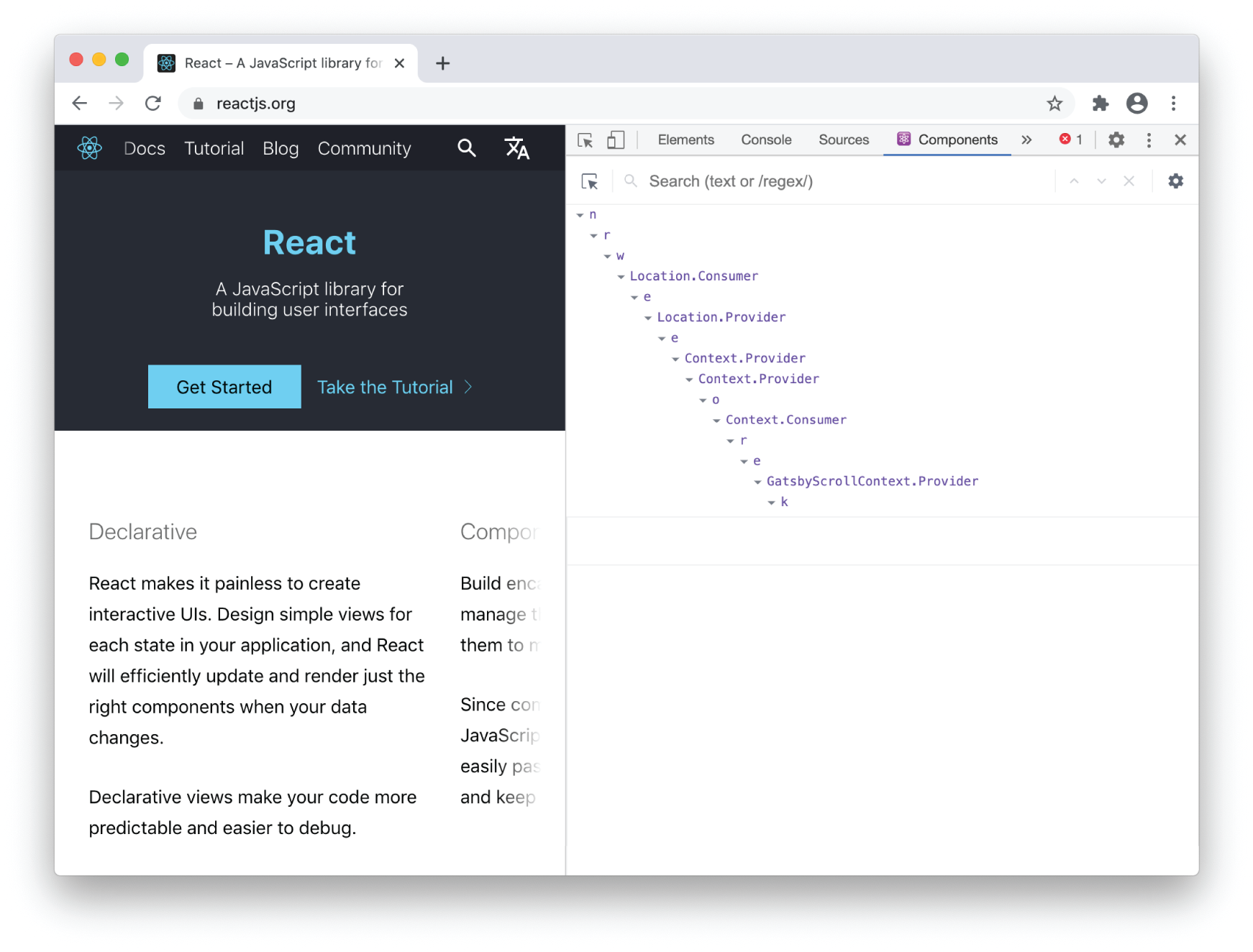 Snapshot shows React Developer Tools Components view
