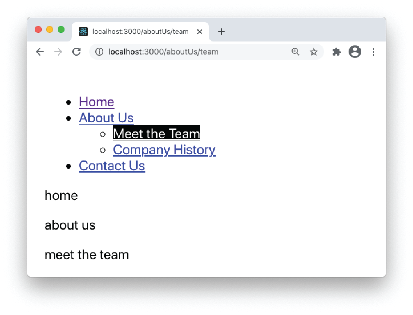 Snapshot shows using the exact attribute on NavLink components