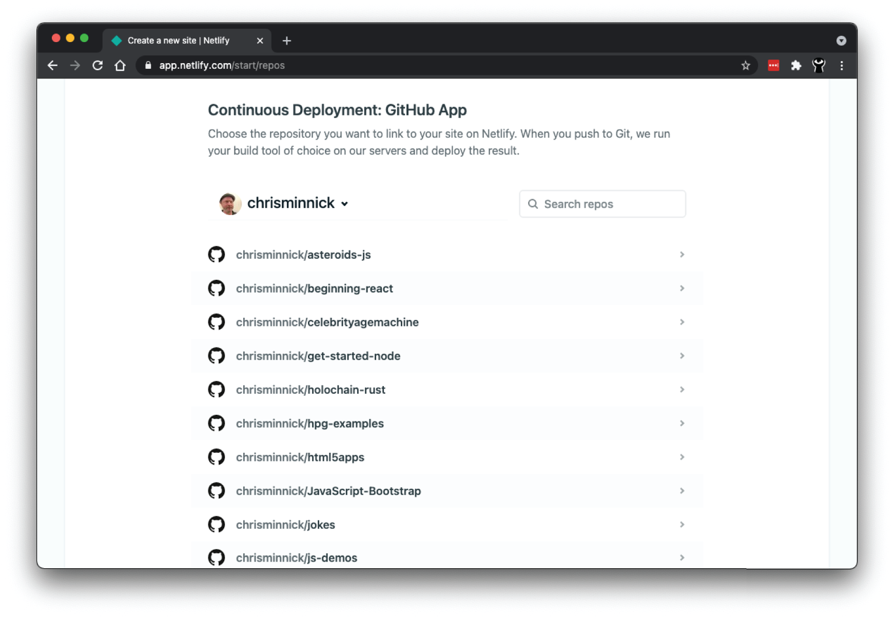 Snapshot shows Choose a repository