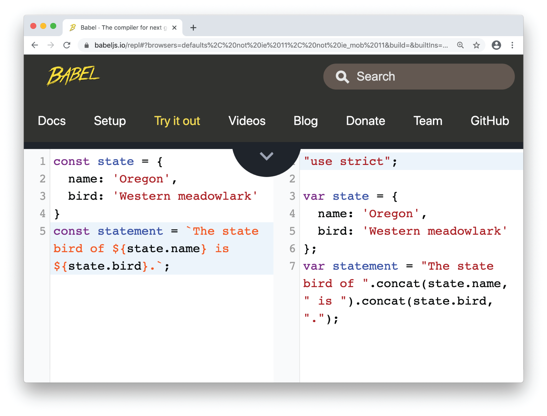 Snapshot shows Transpiling example