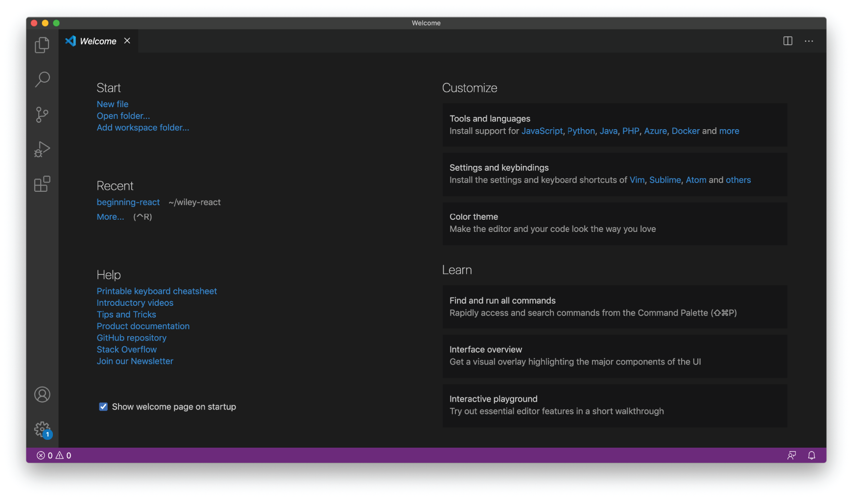 Snapshot shows the VSCode welcome screen
