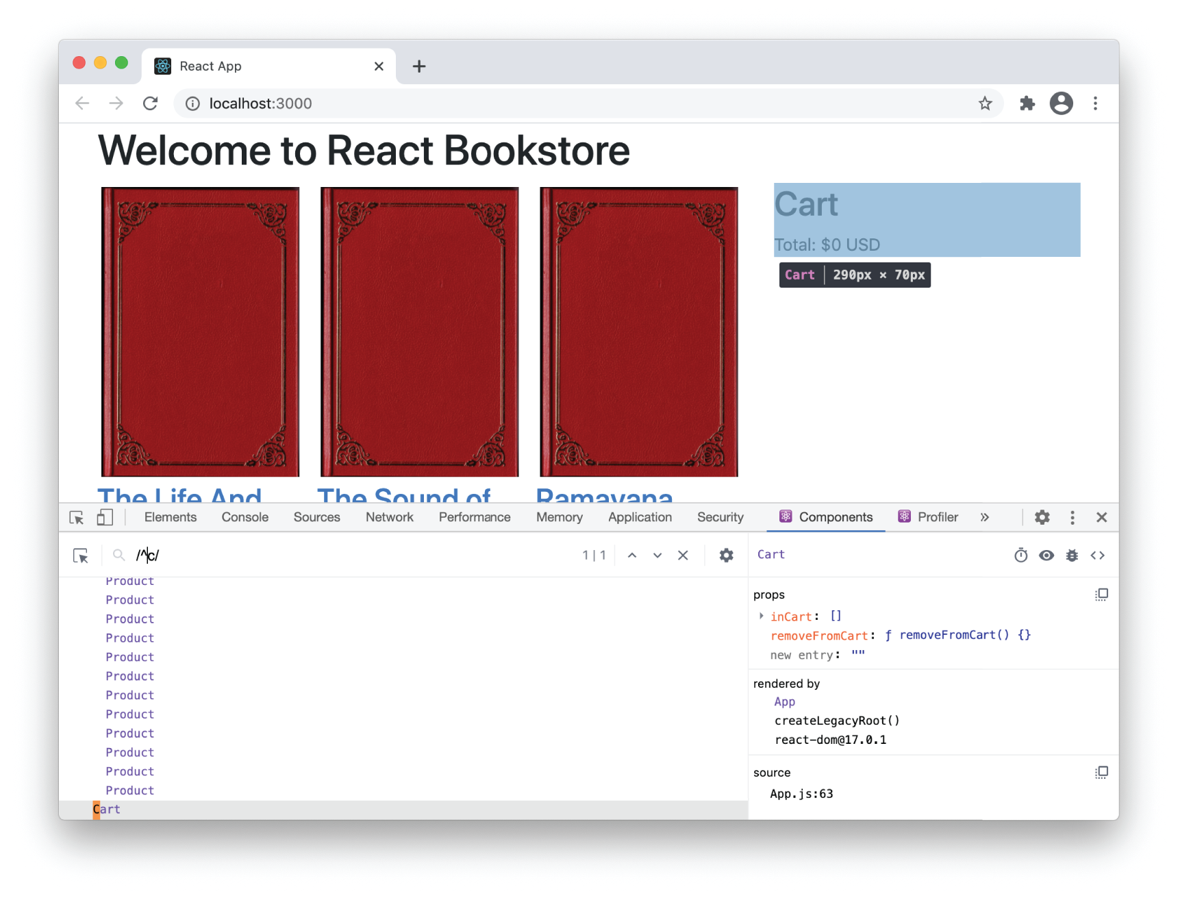 Snapshot shows Searching for components starting with “c”