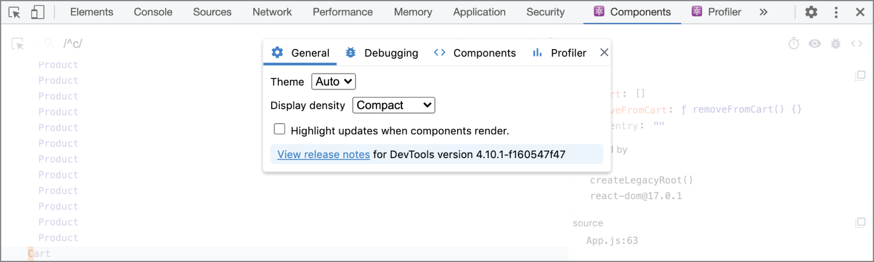 Snapshot shows React DevTools' View Settings