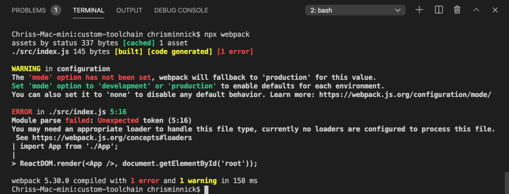 Snapshot shows JSX requires a loader