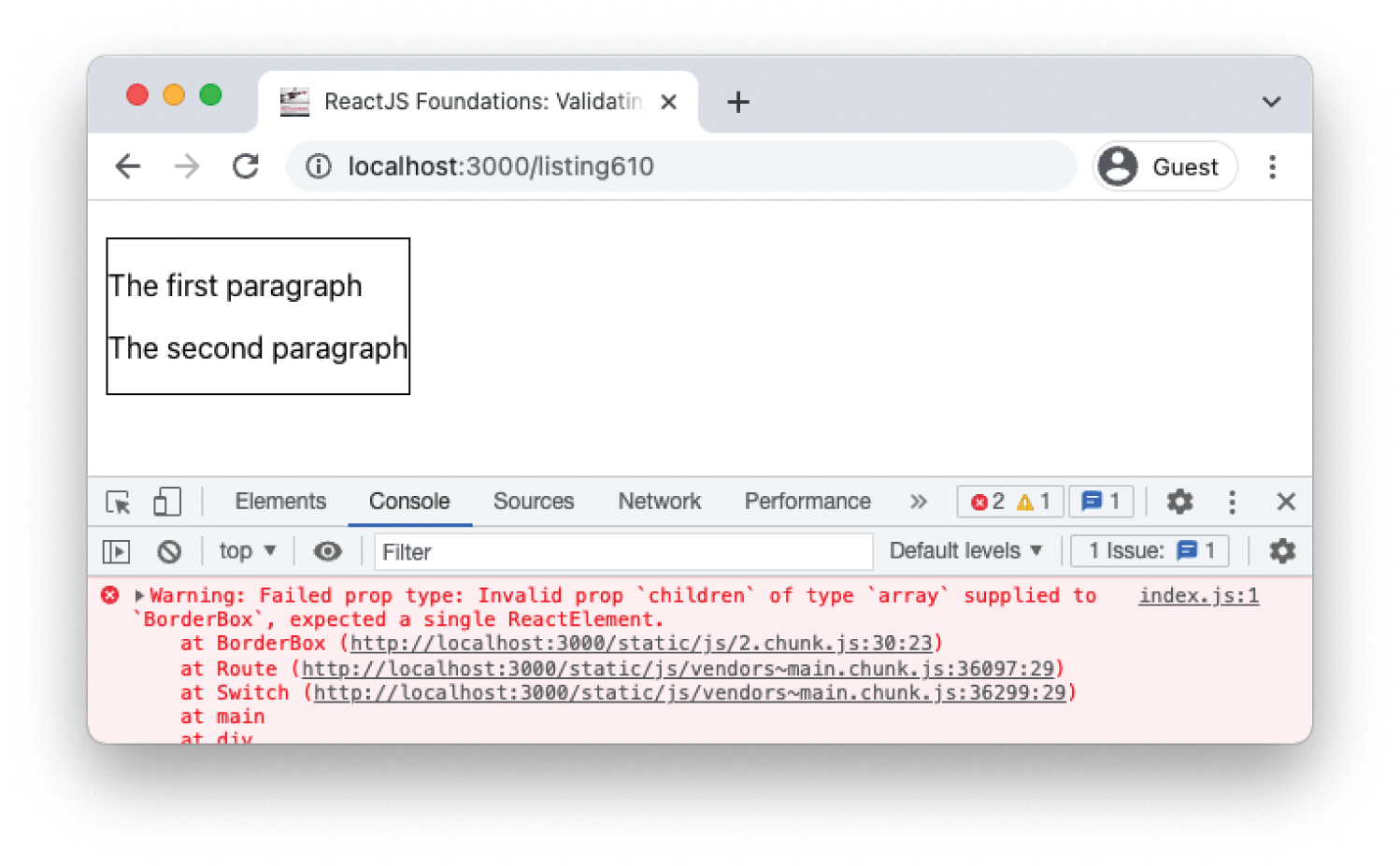 Snapshot shows Failing PropTypes.element validation