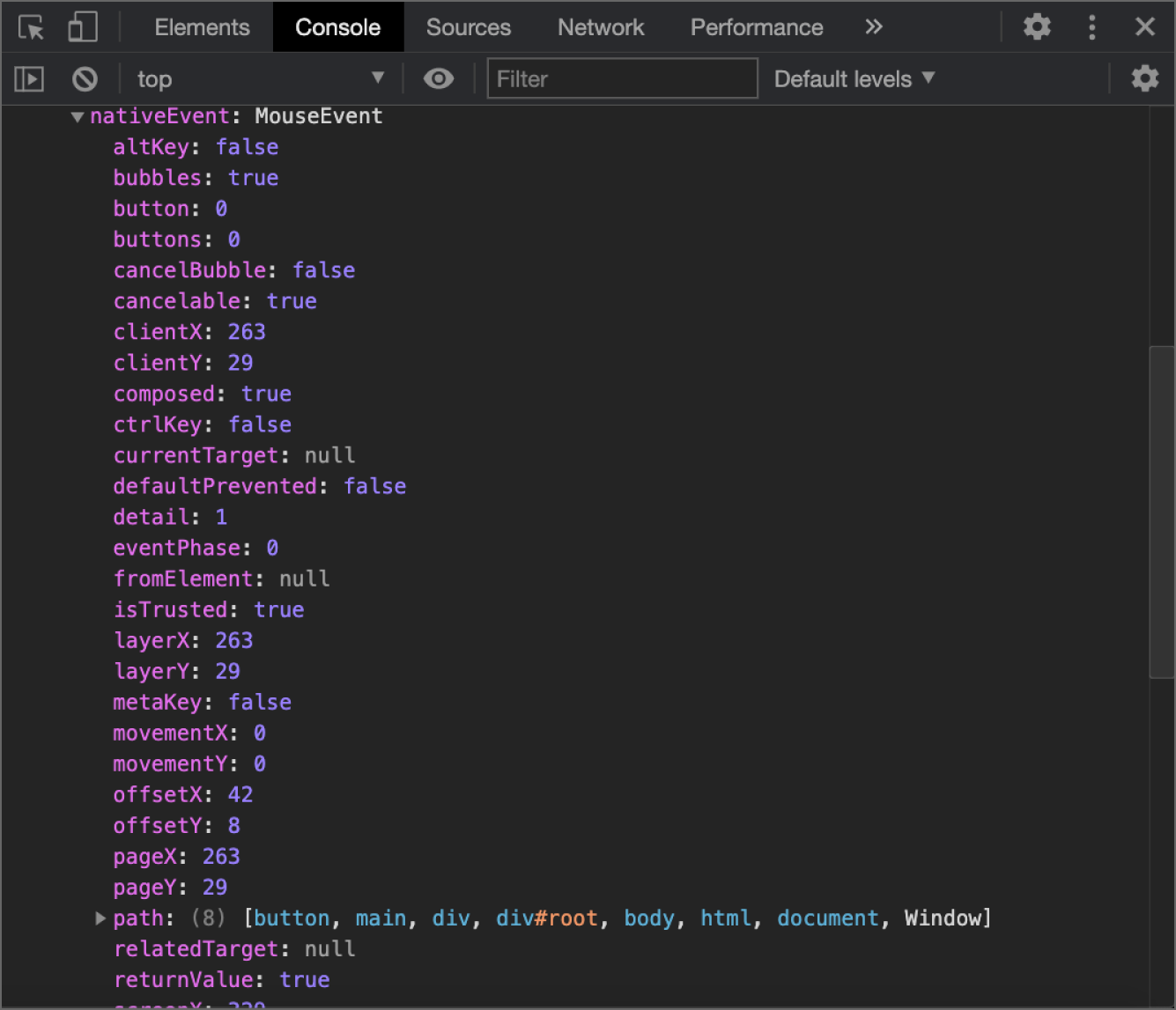 Snapshot shows the NativeEvent properties