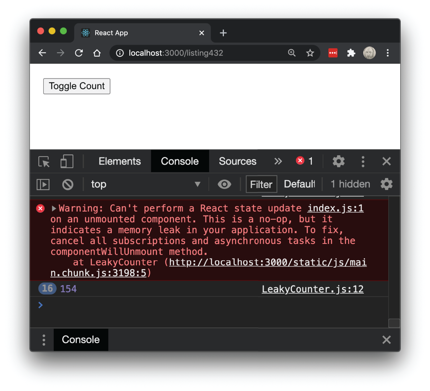 Snapshot shows the result of attempting to call setState on an unmounted component