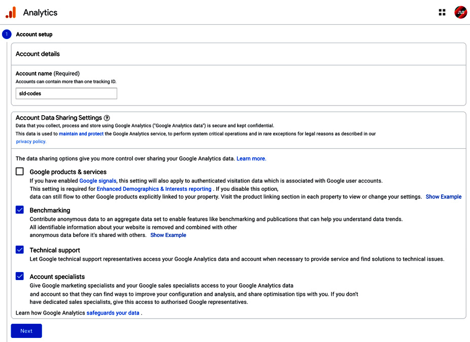 Figure 8.1 – Google Analytics account setup 