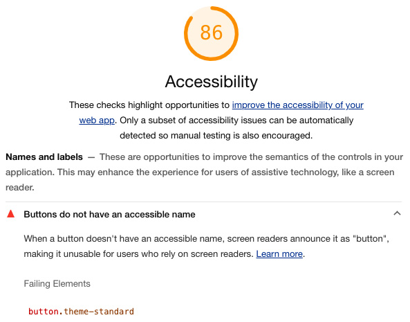 Figure 7.4 – Lighthouse Accessibility report with suggested improvements 