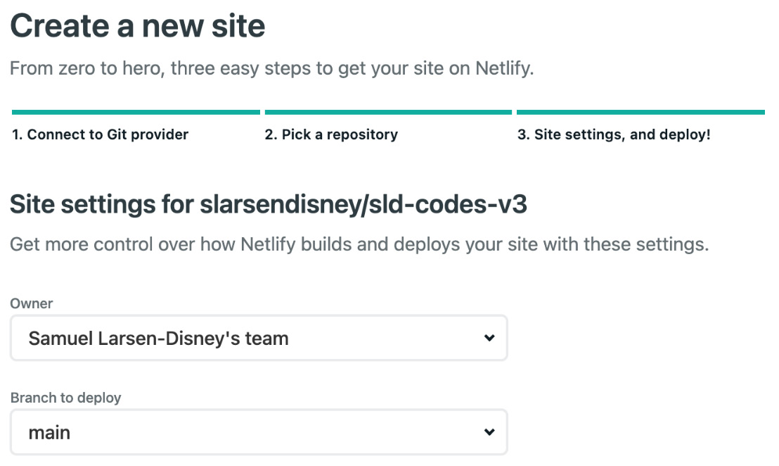 Figure 9.5 – The Netlify site creation settings 