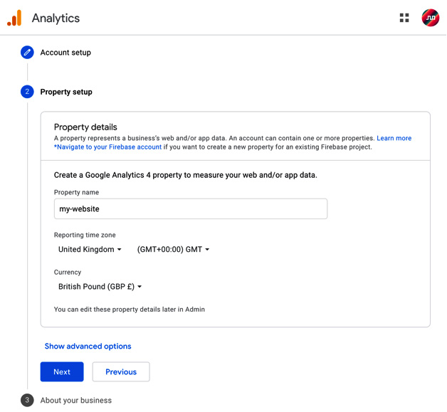 Figure 8.2 – Google Analytics property setup 
