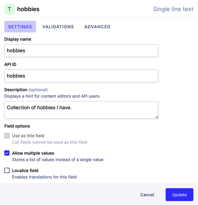 Figure 3.3 – Field creation in GraphCMS 