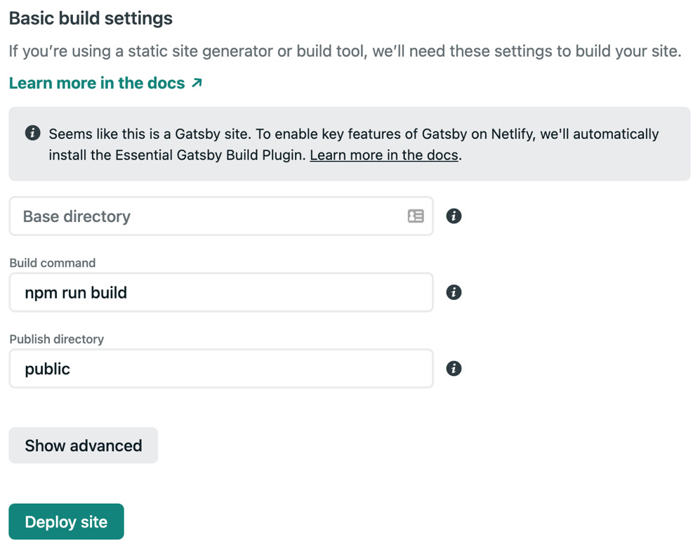 Figure 9.6 – The Netlify site creation build settings 
