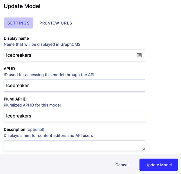 Figure 3.2 – Model creation in GraphCMS 